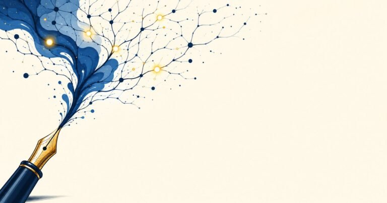 Illustration symbolizing handwriting vs typing brain research, showing a fountain pen's ink transforming into a glowing neural network