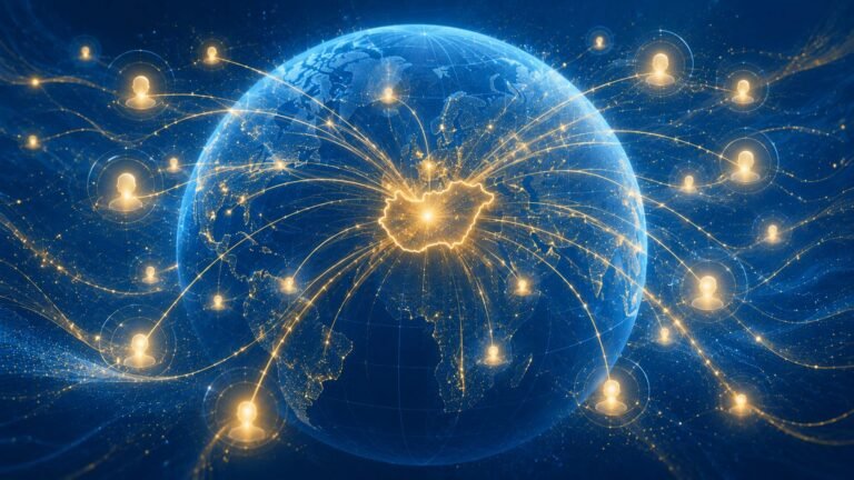 Globe illustration showing Hungary's outline in gold with light connections radiating out to inventors around the world