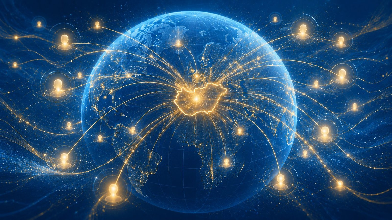 Globe illustration showing Hungary's outline in gold with light connections radiating out to inventors around the world
