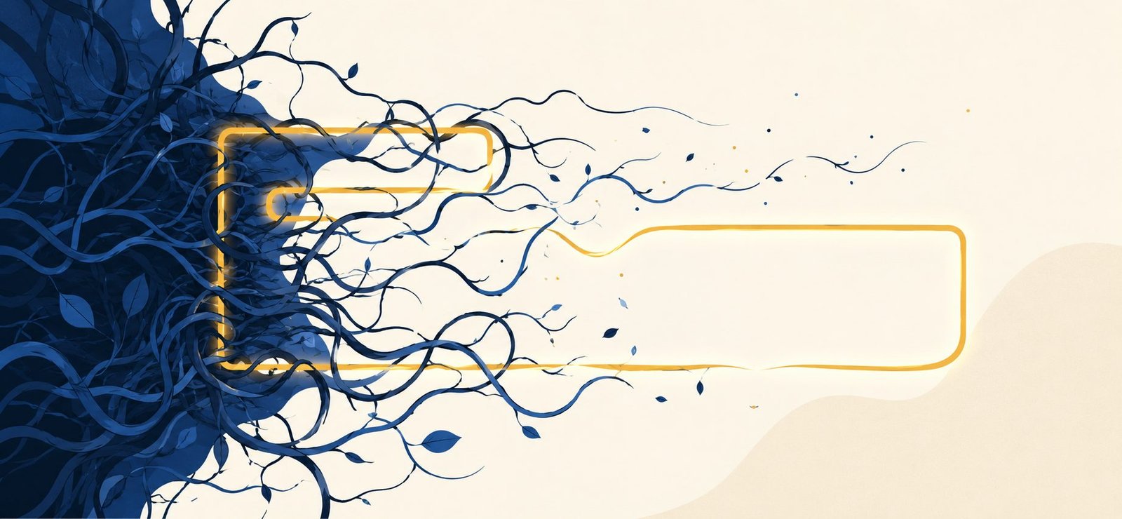 Illustration of dark tangled vines choking a glowing gold outline on one side, while the outline breaks free into clean golden light on the other, symbolizing recovery from a negative SEO attack