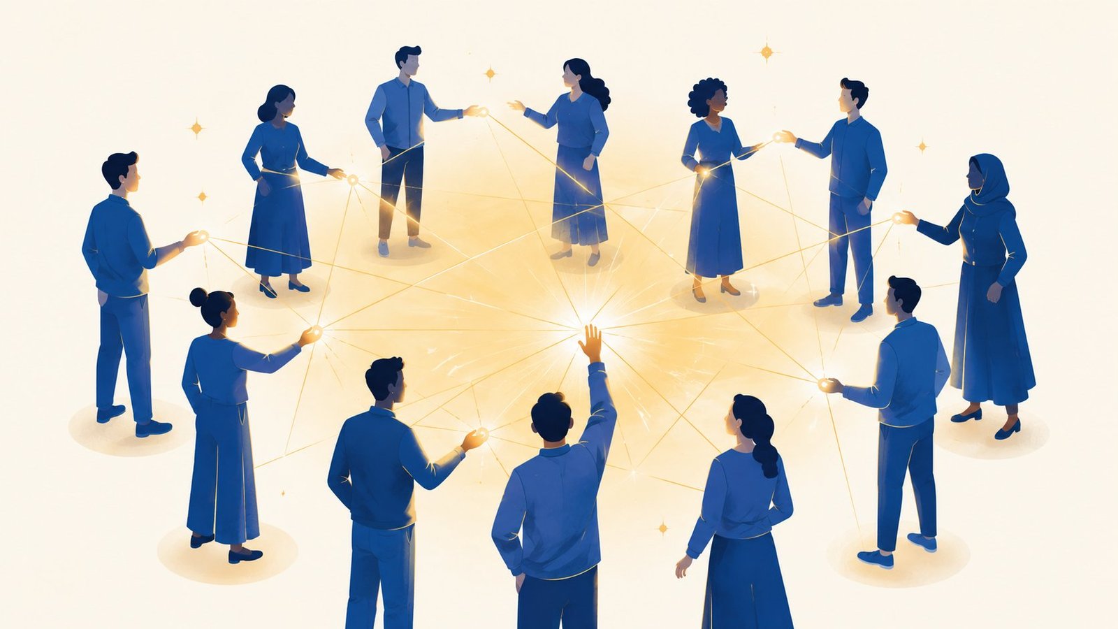 Illustration of diverse professionals standing in a circle, connected by glowing gold lines forming a network, symbolizing mentorship and real community connection